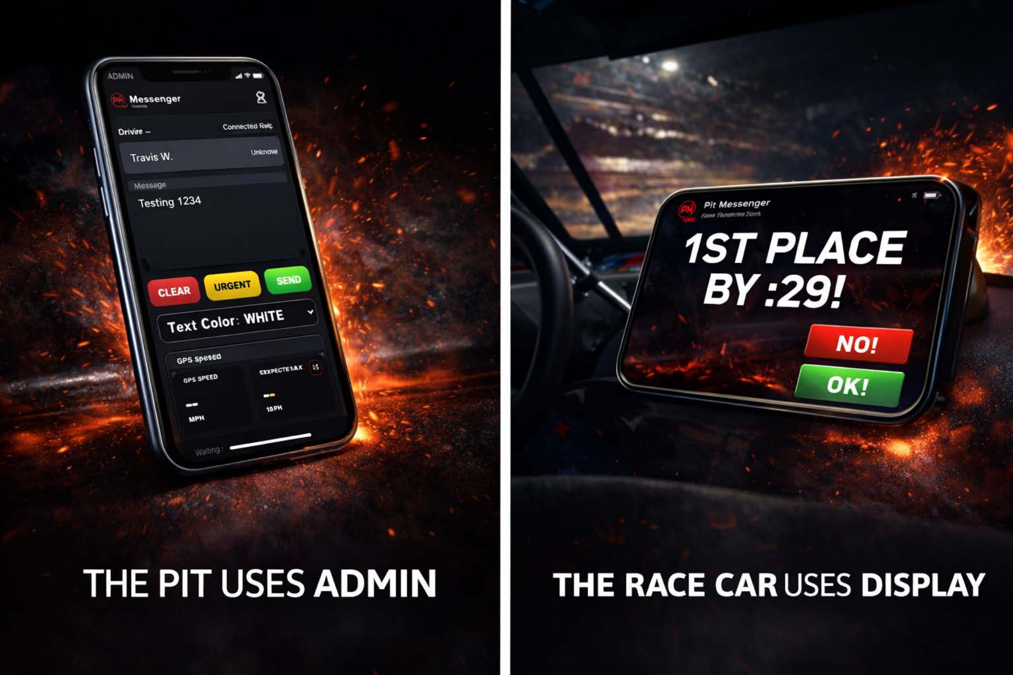 Explainer showing the pit using Admin and the race car using Display